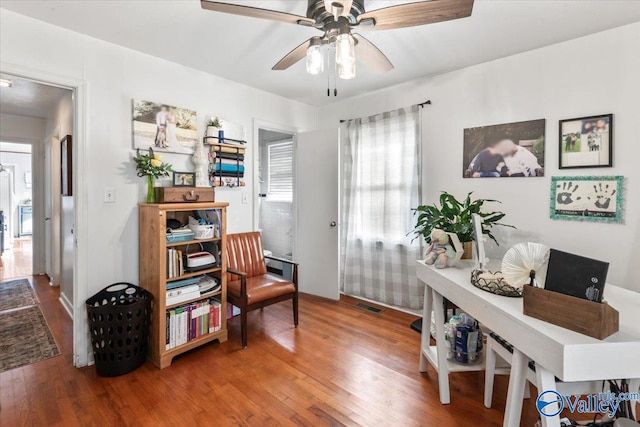 office featuring ceiling fan and hardwood / wood-style floors