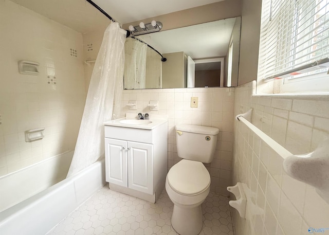 8206 SE Willowbrook Cir Unit B, Huntsville, AL 35802 - full bathroom with tile walls, shower / tub combo with curtain, vanity, and tile patterned floors