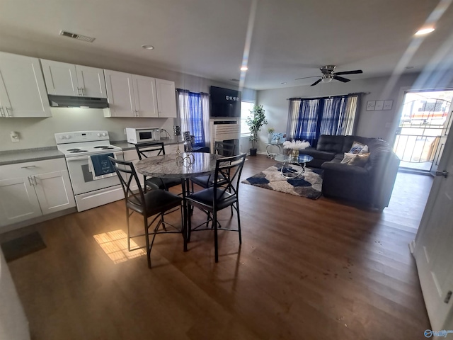 kitchen featuring white appliances, visible vents, dark wood-type flooring, under cabinet range hood, and a fireplace