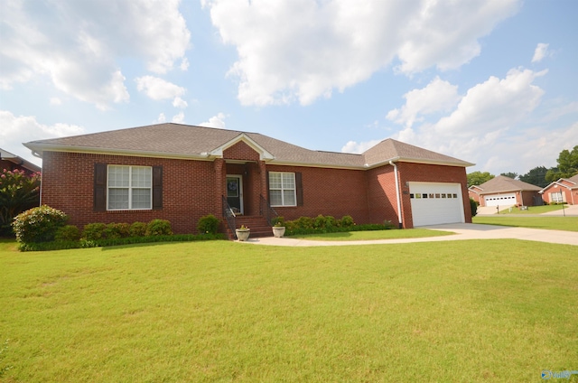 ranch-style house featuring a front yard and a garage