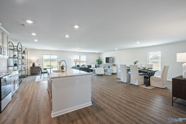 kitchen with dark hardwood / wood-style floors, sink, a kitchen island with sink, light stone counters, and electric stove