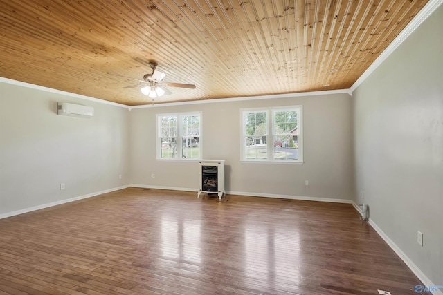 unfurnished room with crown molding, ceiling fan, a wall unit AC, dark hardwood / wood-style floors, and wooden ceiling