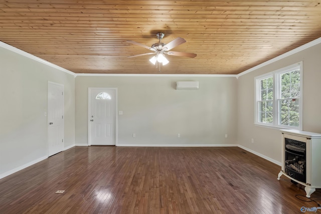 unfurnished living room featuring wooden ceiling, ornamental molding, dark hardwood / wood-style flooring, and an AC wall unit