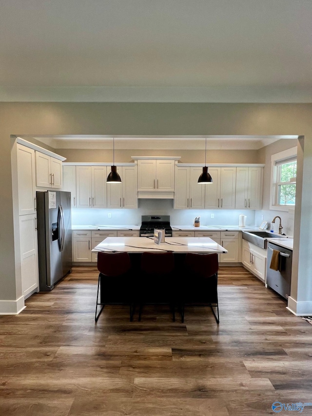 kitchen featuring hanging light fixtures, a center island, hardwood / wood-style floors, and stainless steel appliances