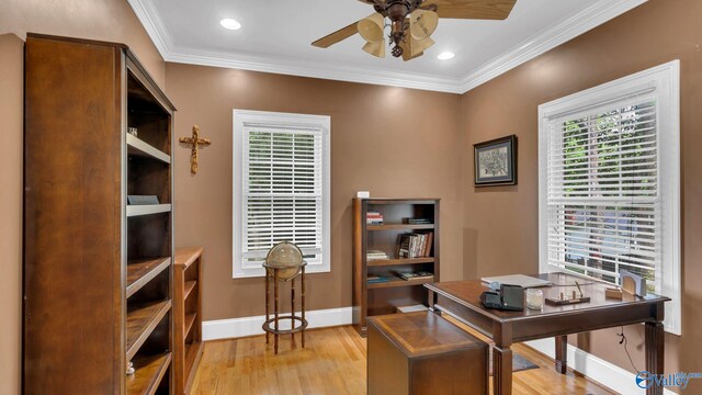 44 Jeff St, Scottsboro, AL 35769 - office area featuring light wood-style flooring, ceiling fan, crown molding, and recessed lighting