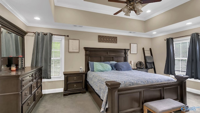 44 Jeff St, Scottsboro, AL 35769 - bedroom featuring multiple windows, carpet, ornamental molding, recessed lighting, and a raised ceiling