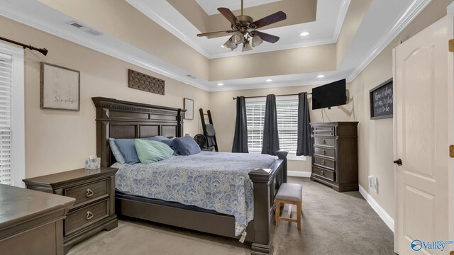 44 Jeff St, Scottsboro, AL 35769 - bedroom featuring a raised ceiling, light colored carpet, crown molding, recessed lighting, and ceiling fan