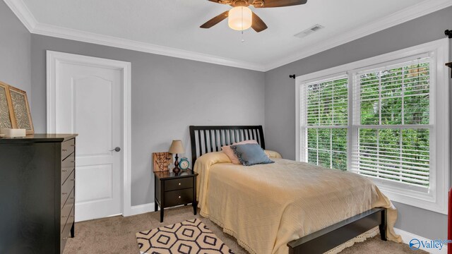 44 Jeff St, Scottsboro, AL 35769 - bedroom featuring light carpet, crown molding, and a ceiling fan