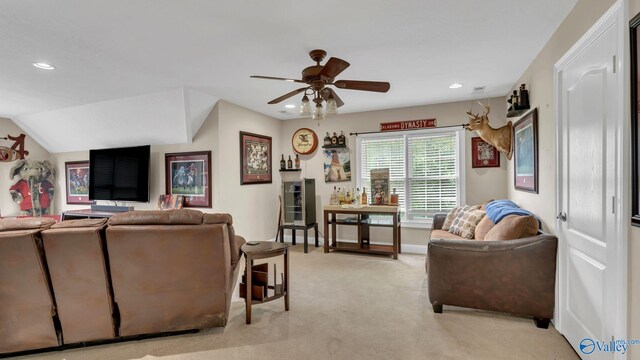 44 Jeff St, Scottsboro, AL 35769 - living area with ceiling fan, light colored carpet, and recessed lighting