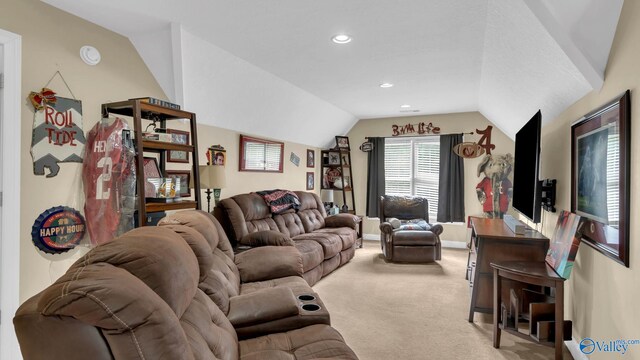 44 Jeff St, Scottsboro, AL 35769 - carpeted living room with vaulted ceiling and recessed lighting