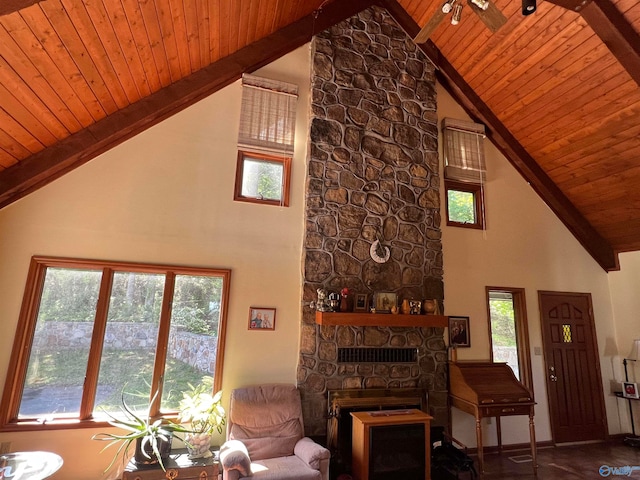 unfurnished living room featuring beamed ceiling, wooden ceiling, and high vaulted ceiling