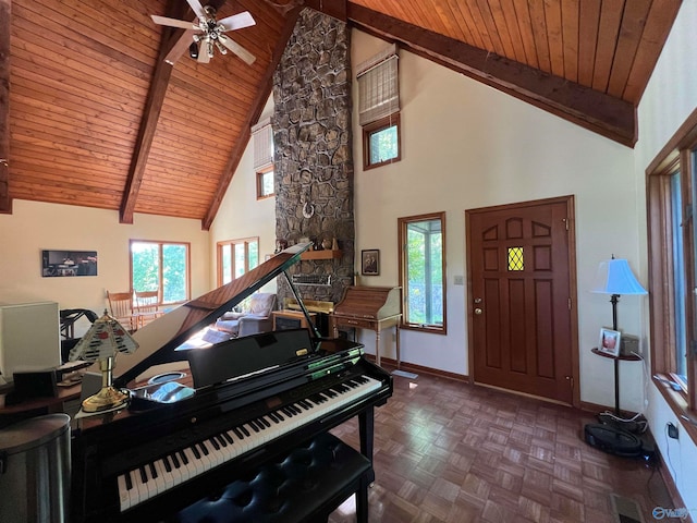 miscellaneous room with wood ceiling, high vaulted ceiling, beamed ceiling, and dark parquet flooring