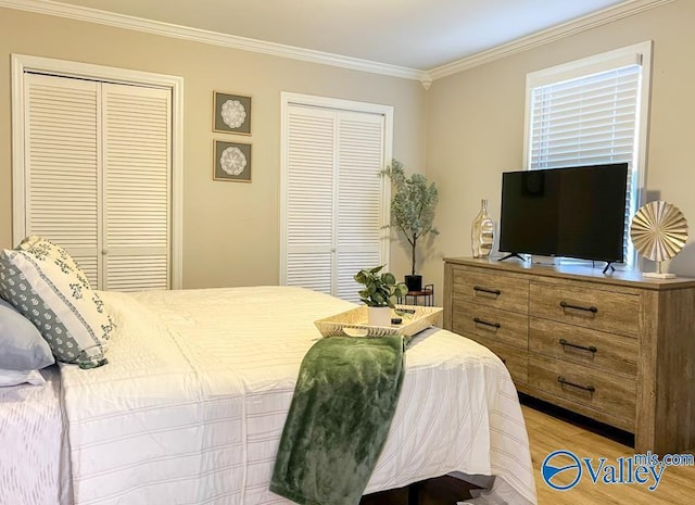 bedroom with crown molding, light wood finished floors, and multiple closets