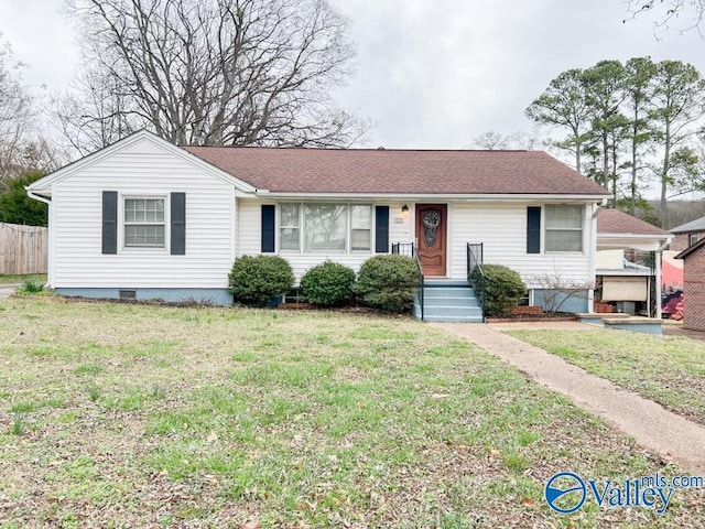 ranch-style home featuring crawl space, roof with shingles, fence, and a front lawn