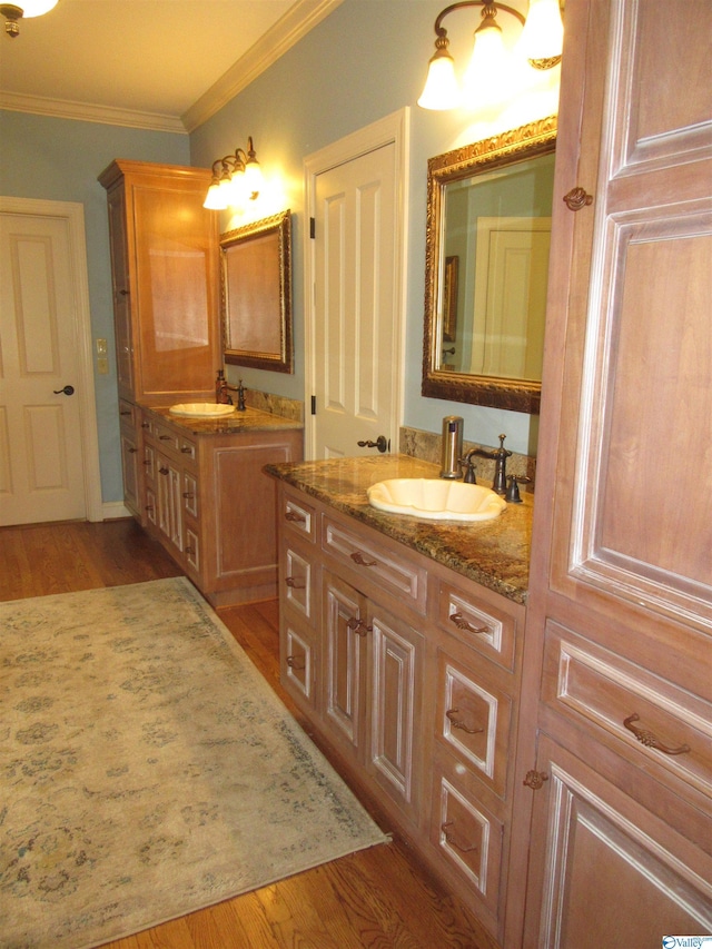 bathroom featuring wood-type flooring, ornamental molding, and double sink vanity