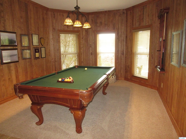 recreation room featuring pool table, light colored carpet, and wooden walls