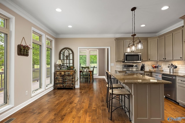 kitchen featuring appliances with stainless steel finishes, a healthy amount of sunlight, dark stone counters, and dark wood-type flooring