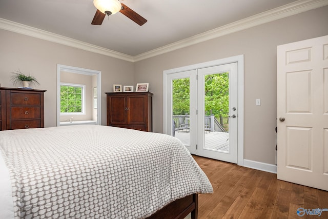 bedroom with ornamental molding, light hardwood / wood-style flooring, access to exterior, and ceiling fan