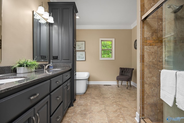 bathroom with a shower with shower door, dual vanity, crown molding, toilet, and tile patterned floors