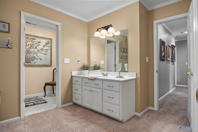 bathroom featuring tile patterned floors, vanity, and ornamental molding