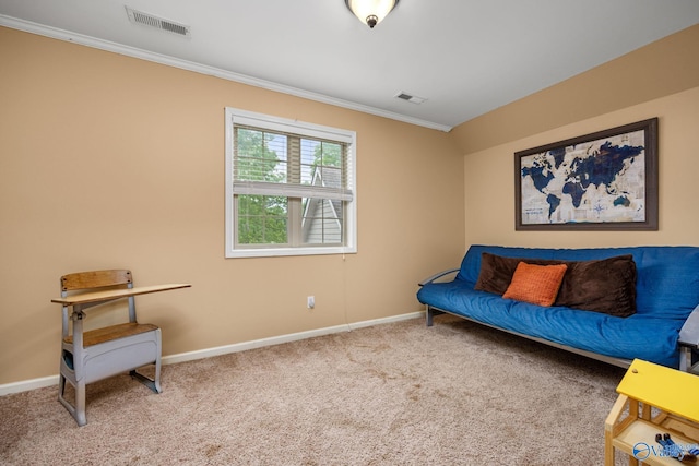 carpeted living room featuring ornamental molding