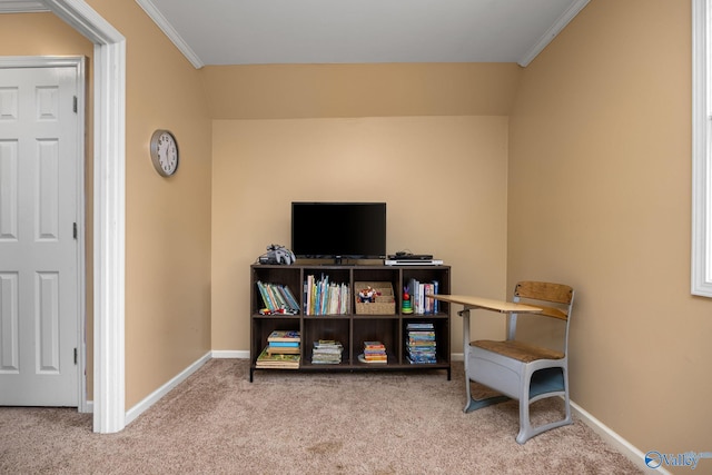 interior space with ornamental molding and light colored carpet