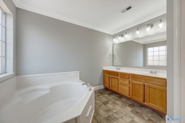 full bathroom featuring visible vents, a sink, crown molding, double vanity, and a bath