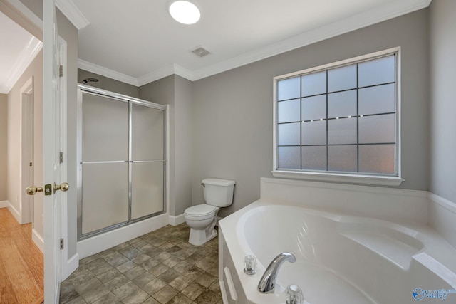 bathroom featuring visible vents, toilet, ornamental molding, a shower stall, and a bath