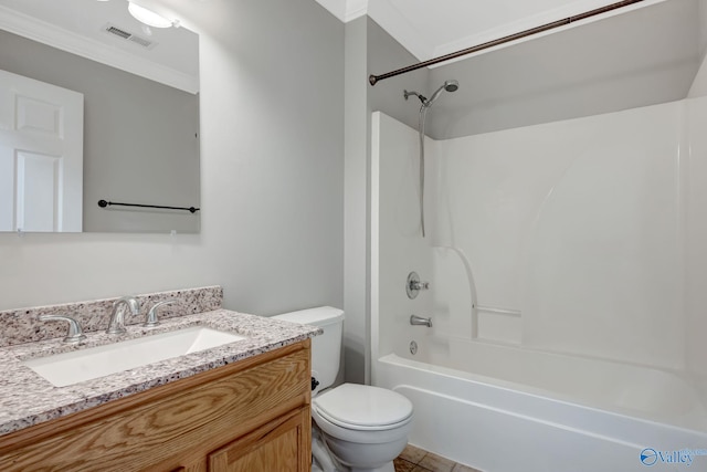 bathroom with vanity, washtub / shower combination, visible vents, crown molding, and toilet