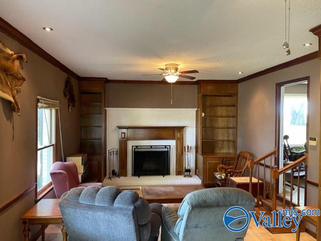 living area with ceiling fan, ornamental molding, and a fireplace with raised hearth