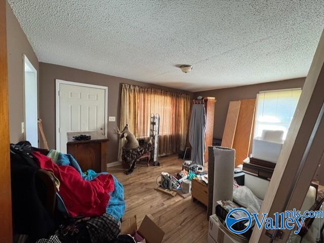 interior space with a textured ceiling, wood finished floors, and a healthy amount of sunlight