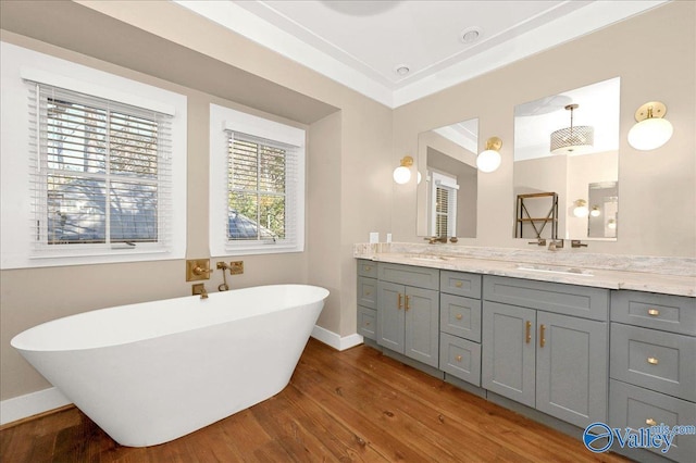 bathroom featuring wood finished floors, a sink, baseboards, a freestanding bath, and double vanity