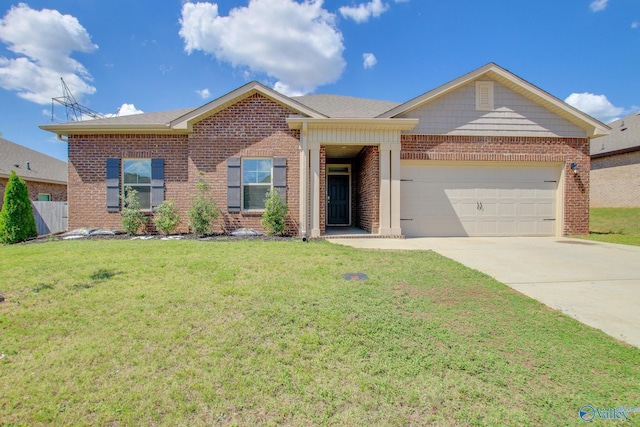 ranch-style home with a garage and a front yard