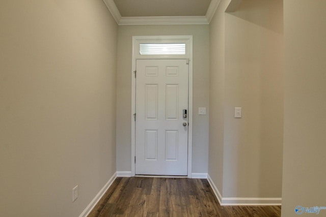 doorway featuring ornamental molding and dark hardwood / wood-style floors