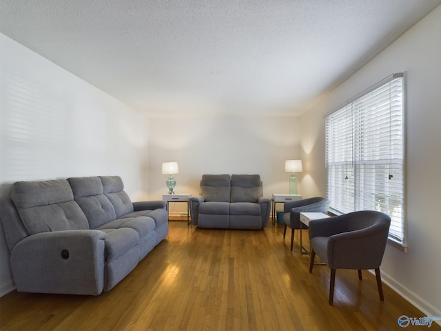 living room featuring dark wood-type flooring and a wealth of natural light