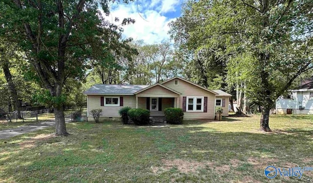 single story home featuring crawl space, a front yard, and fence