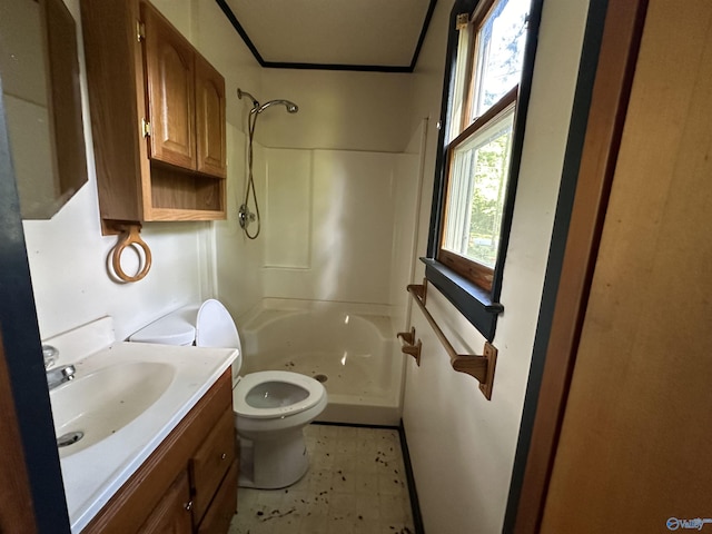 full bath featuring a shower, vanity, toilet, and tile patterned floors