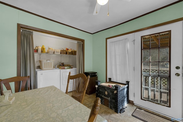 dining area featuring separate washer and dryer, ceiling fan, and ornamental molding