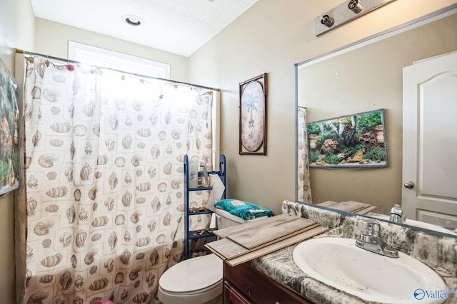 bathroom featuring vanity, toilet, a textured ceiling, and a shower with shower curtain