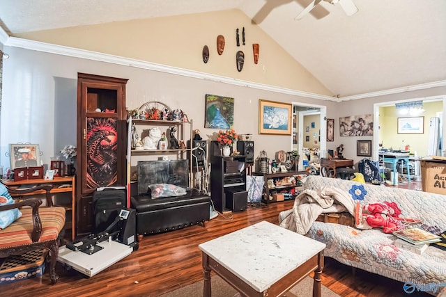 interior space with ceiling fan, ornamental molding, dark wood-type flooring, and lofted ceiling