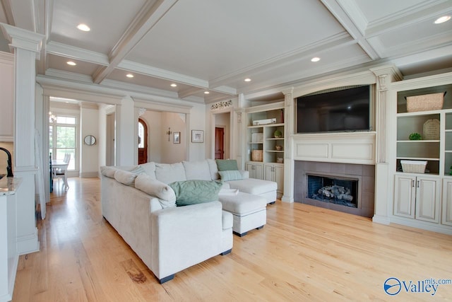 2602 Legacy Preserve Dr, Brownsboro, AL 35741 - living room featuring ornamental molding, coffered ceiling, beamed ceiling, light wood finished floors, and a fireplace