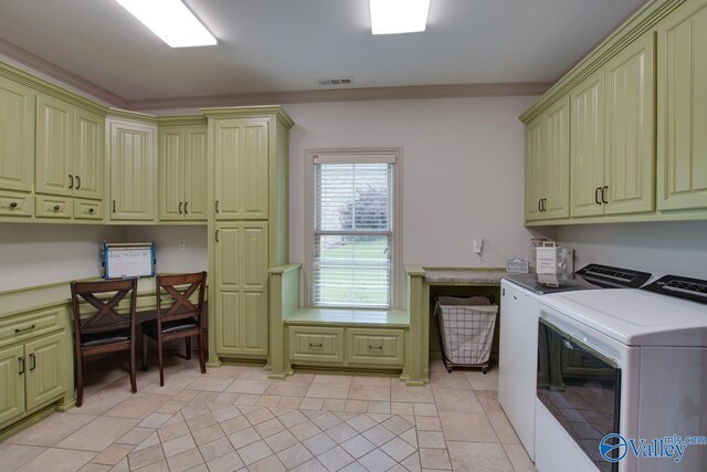 2602 Legacy Preserve Dr, Brownsboro, AL 35741 - laundry room featuring independent washer and dryer, cabinet space, an office area, and light tile patterned flooring