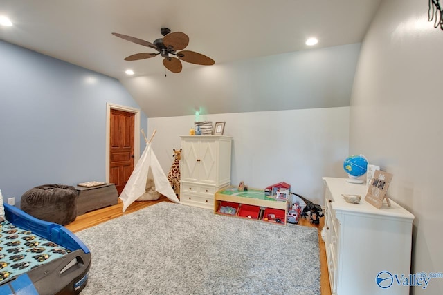 2602 Legacy Preserve Dr, Brownsboro, AL 35741 - playroom with wood finished floors, lofted ceiling, a ceiling fan, and recessed lighting