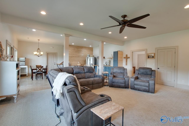 2602 Legacy Preserve Dr, Brownsboro, AL 35741 - living area featuring decorative columns, a ceiling fan, recessed lighting, a chandelier, and light colored carpet