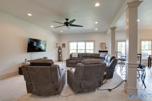 2602 Legacy Preserve Dr, Brownsboro, AL 35741 - living room featuring ornate columns, recessed lighting, ceiling fan, baseboards, and light colored carpet