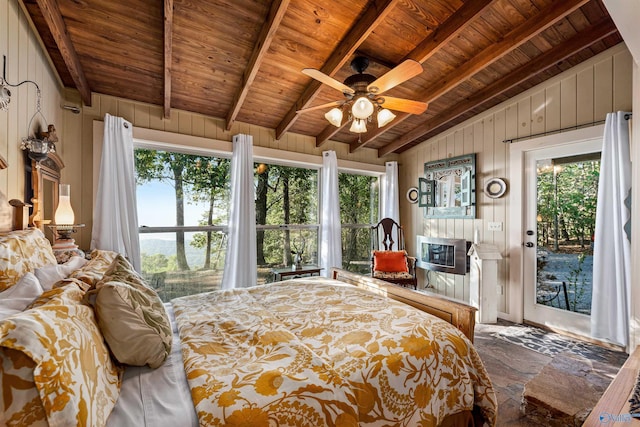 bedroom with access to exterior, wood ceiling, wooden walls, and vaulted ceiling with beams