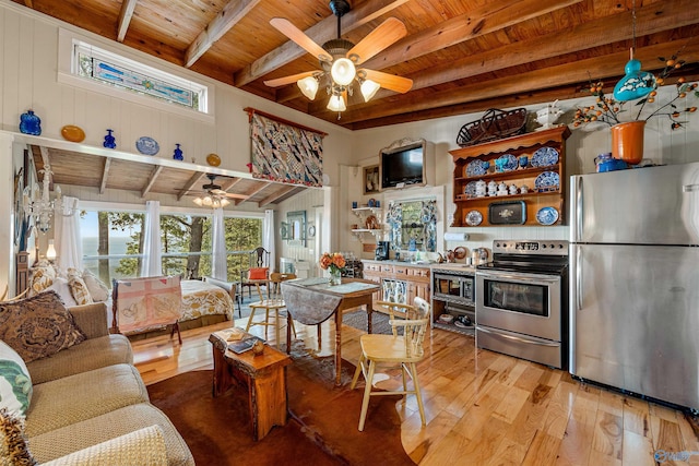 kitchen with beamed ceiling, appliances with stainless steel finishes, light hardwood / wood-style flooring, and wooden ceiling