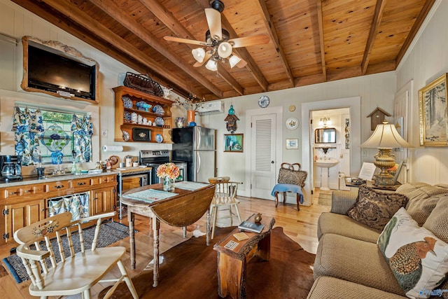 living room with wood ceiling, vaulted ceiling with beams, a wall unit AC, and light wood-type flooring