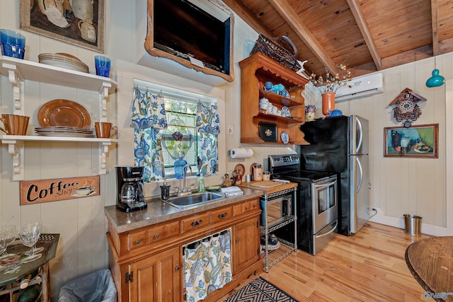 kitchen featuring sink, light hardwood / wood-style flooring, stainless steel appliances, wooden ceiling, and beamed ceiling