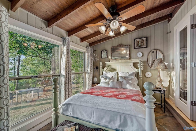 bedroom with beamed ceiling, wooden ceiling, ceiling fan, and wood walls